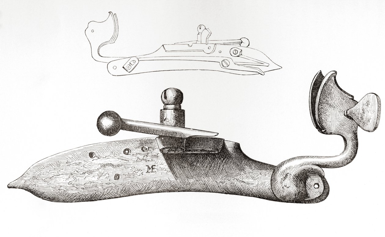 Matchlock do século XVII. Mecanismo ou fechadura utilizada para disparar uma arma de fogo manual, do Exército Britânico: As suas Origens, Progresso e Equipamento, publicado em 1868. de English School