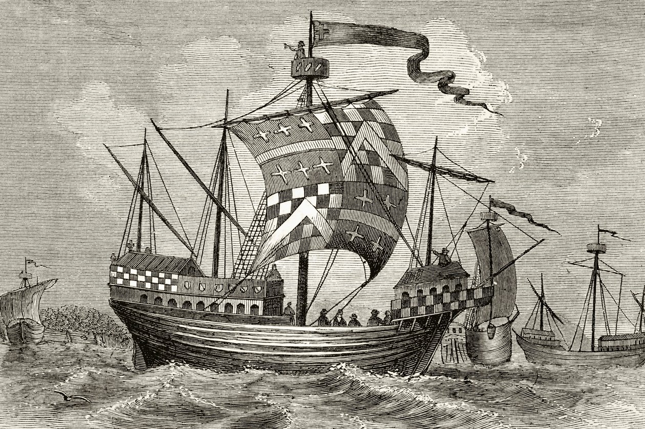 Um navio de guerra do século 15, de "A História Nacional e Nacional da Inglaterra", de William Hickman Smith Aubrey (1858-1916) publicou Londres, c.1890 de English School