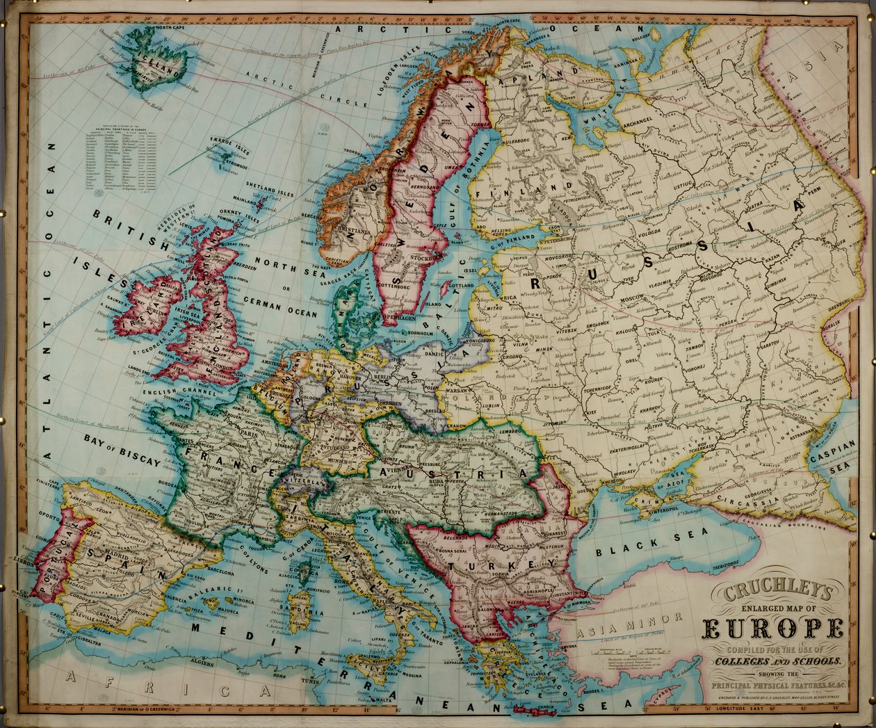 Um mapa colorido da Europa do século XIX, compilado para utilização em colégios e escolas. de English School