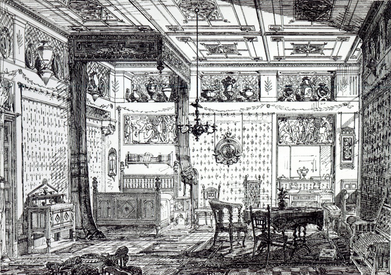 Um quarto de cama, de &39;The House-Furnisher e Decorator, 1 de dezembro de 1872 de English School
