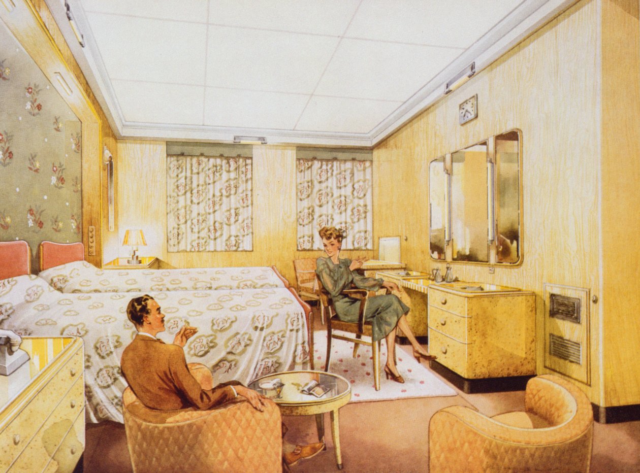 Um quarto a bordo do RMS Caronia, c.1950 de English School