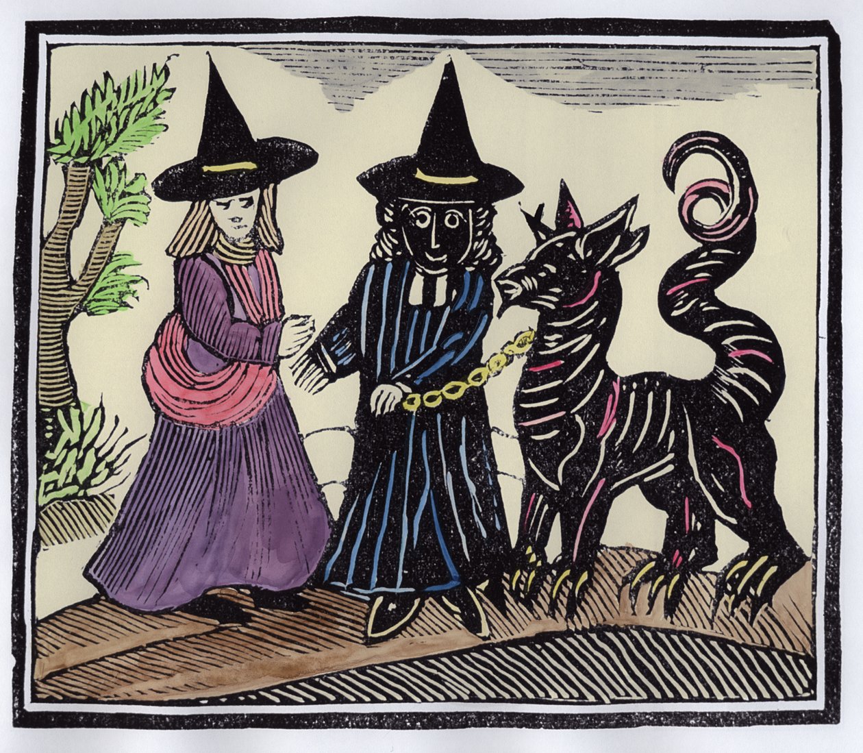 Uma bruxa preta e branca com um animal do diabo, ilustração de uma coleção de chapbooks sobre esoterica (posterior coloração) de English School