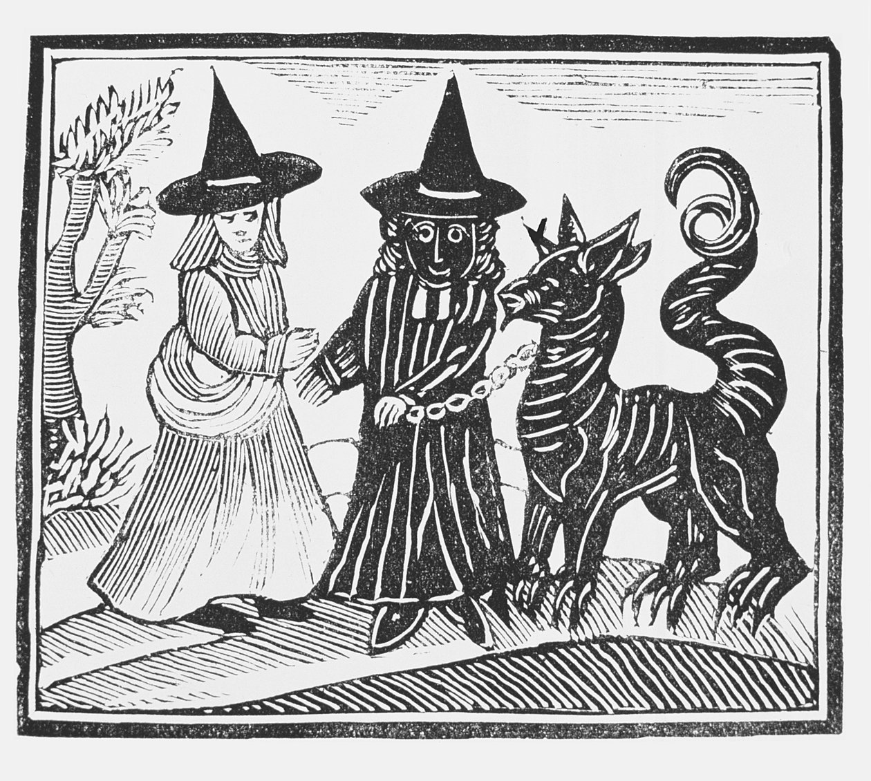 Um preto e uma bruxa branca com um animal do diabo, ilustração de uma coleção de chapbooks no esoterica de English School