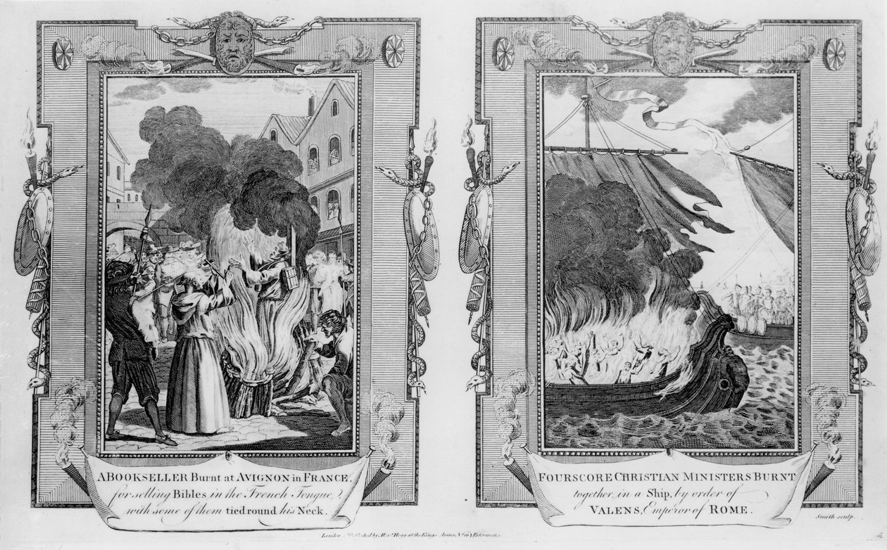 Um livreiro queimado em Avignon, na França, por vender Bíblias na língua francesa, juntamente com alguns deles amarrados em seu pescoço e quatro ministros cristãos queimados juntos em um navio, por ordem de Valente (32). de English School