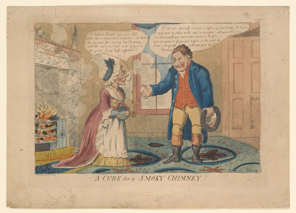 UMA CURA PARA UMA CHAMINÉ FUMADA !!, desenhada por GM Woodward, 1808 (gravura colorida à mão) de English School