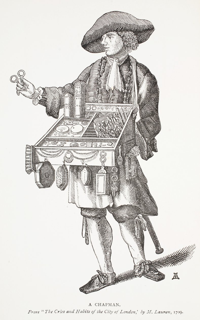 Um Chapman, dos gritos e dos hábitos da cidade de Londres por M. Lauren, 1709, ilustração do frontispiece dos Chap-livros do século XVIII por John Ashton, bar. 1882 de English School