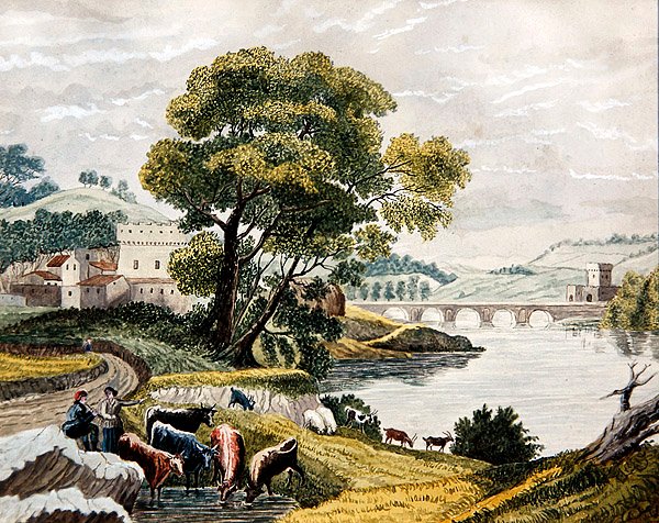 A Claudian Landscape, c.1825 (aguarela sobre papel) de English School