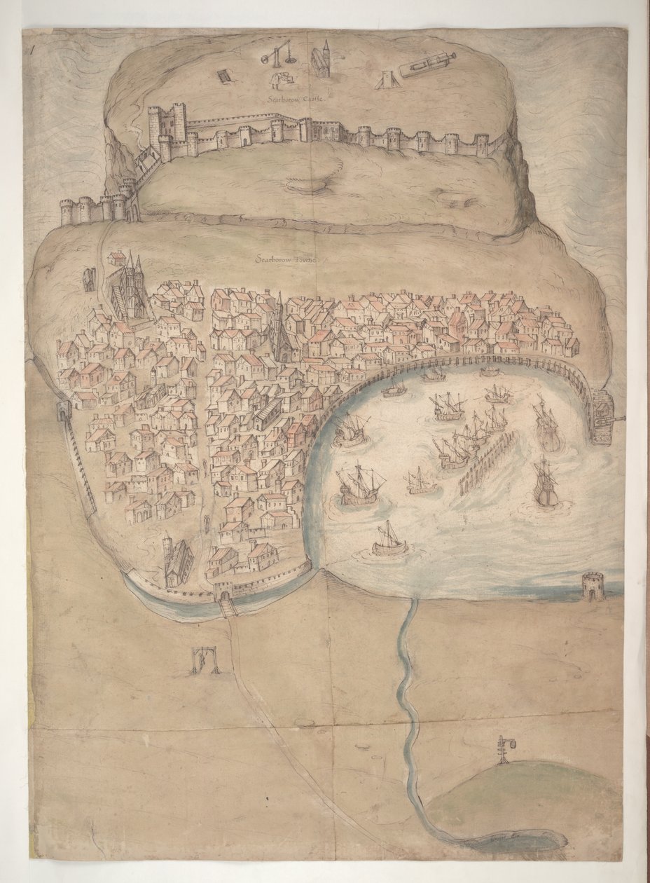 Um plano colorido ou vista aérea da cidade e do castelo de Scarborough de English School