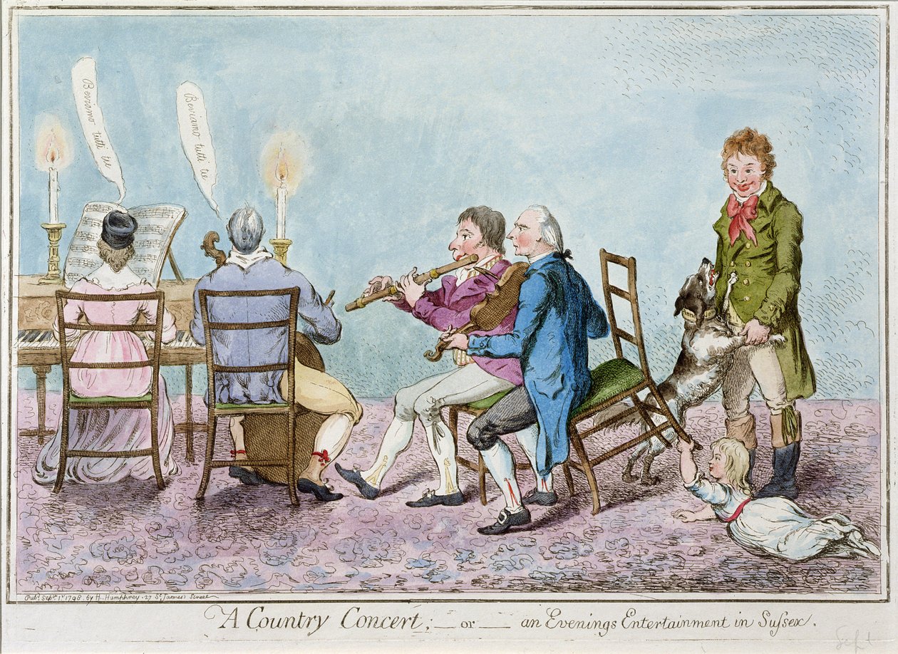 Um Country Concert, ou um Evenings Entertainment em Sussex, publicado por Hannah Humphrey em 1798 (gravura à mão colorida) de English School