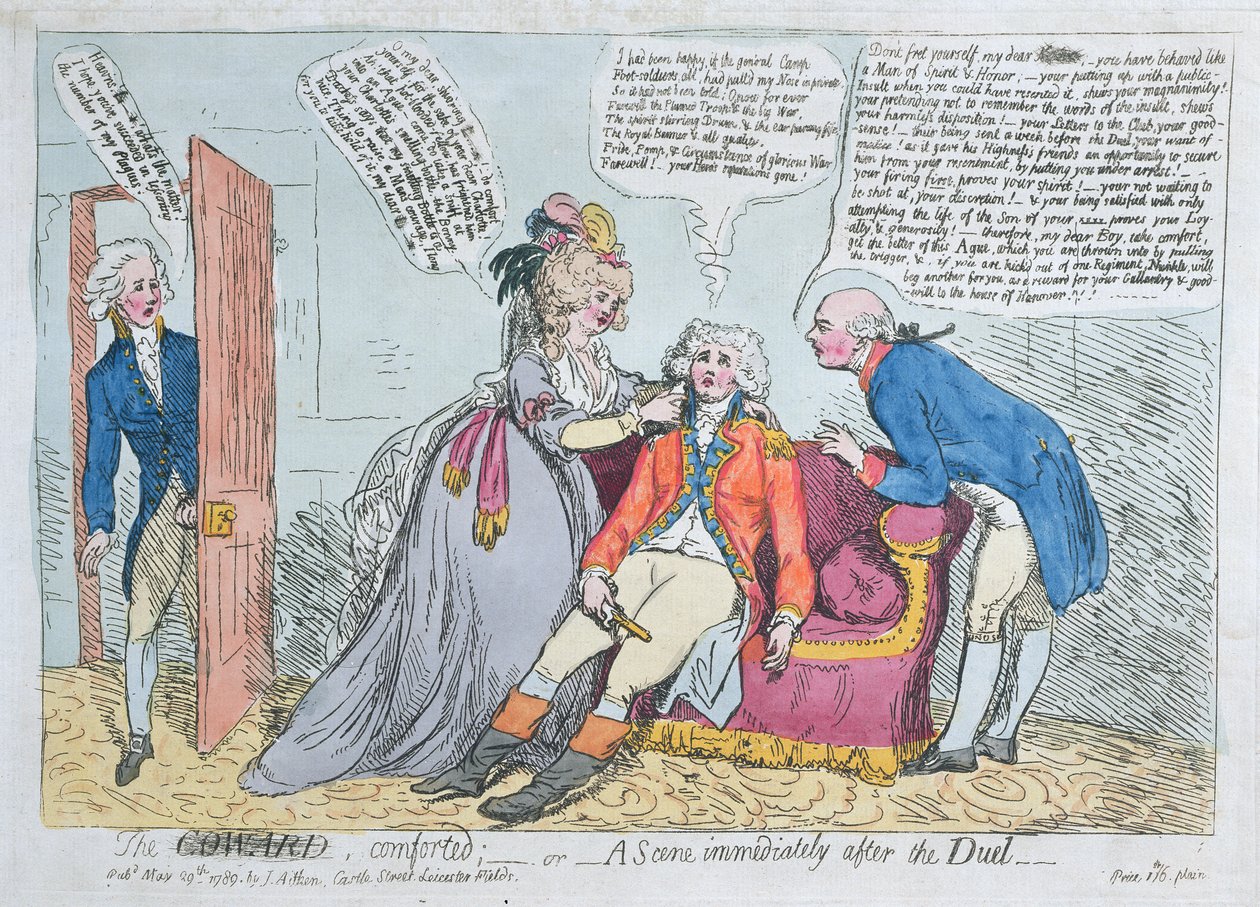 Um Covarde consolado, ou Uma Cena imediatamente após o Duelo, publicado por J. Aitken em 1789 (gravura à mão colorida) de English School