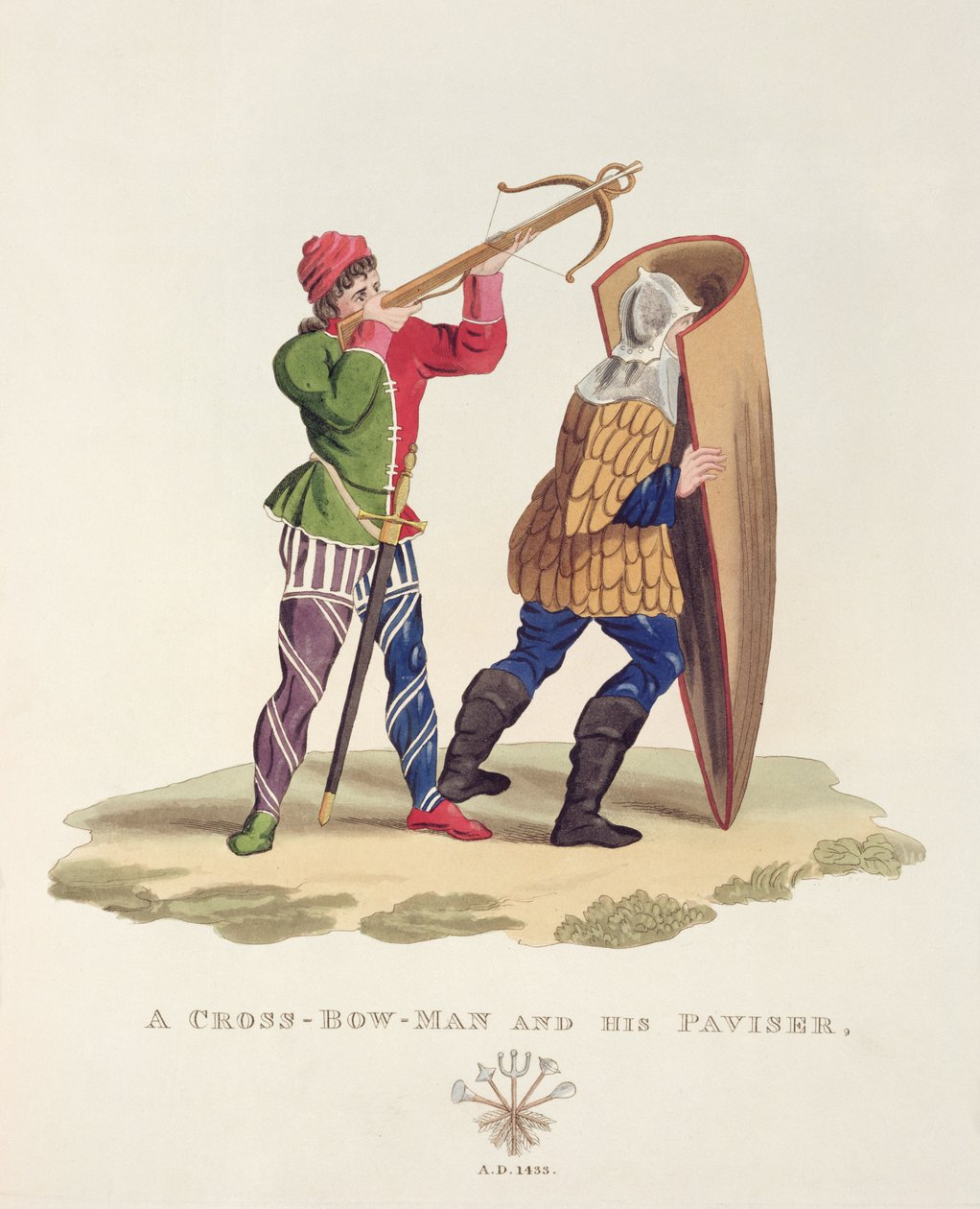Um arqueiro-cruzado e seu Paviser, 1433, da Ancient Armor de Samuel Rush Meyrick, 1824 de English School