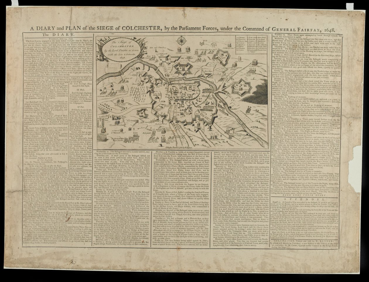 Um Diário e Plano Pictórico do Cerco de Colchester 1648, impresso e vendido por W. Keymer, 1648 de English School