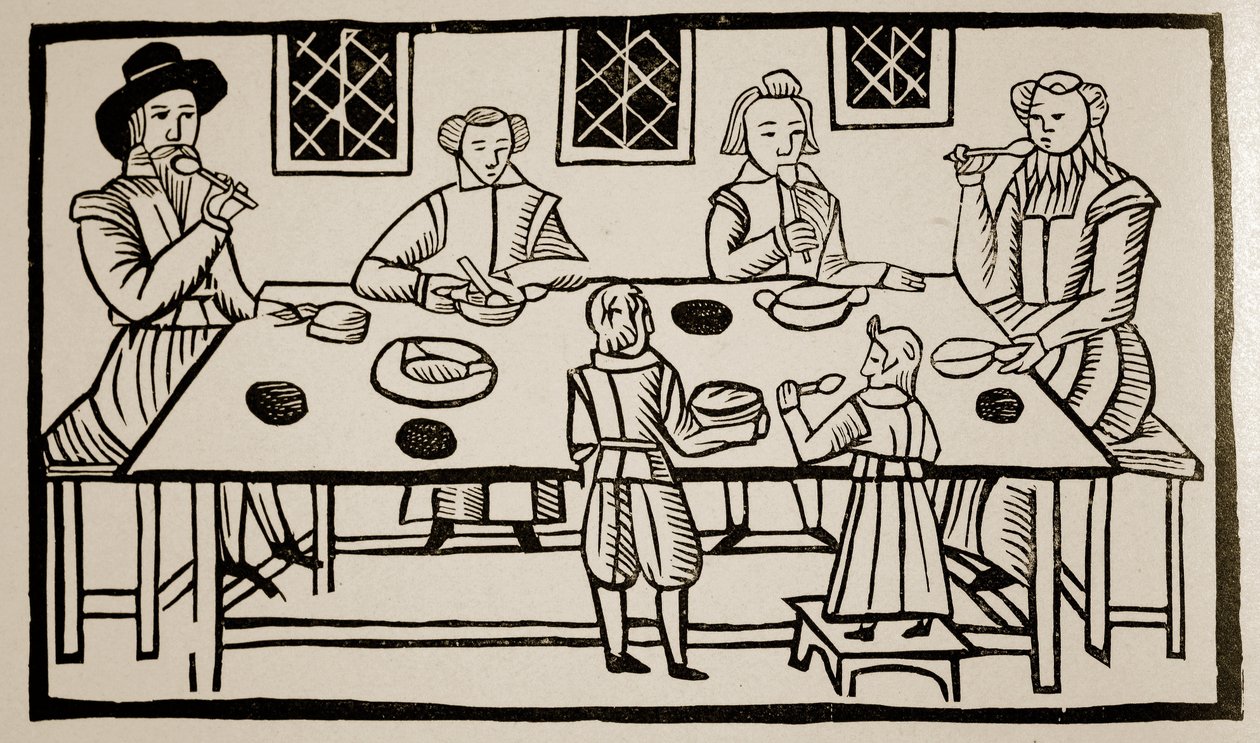 Uma refeição familiar, c.1600 (foto sépia) de English School