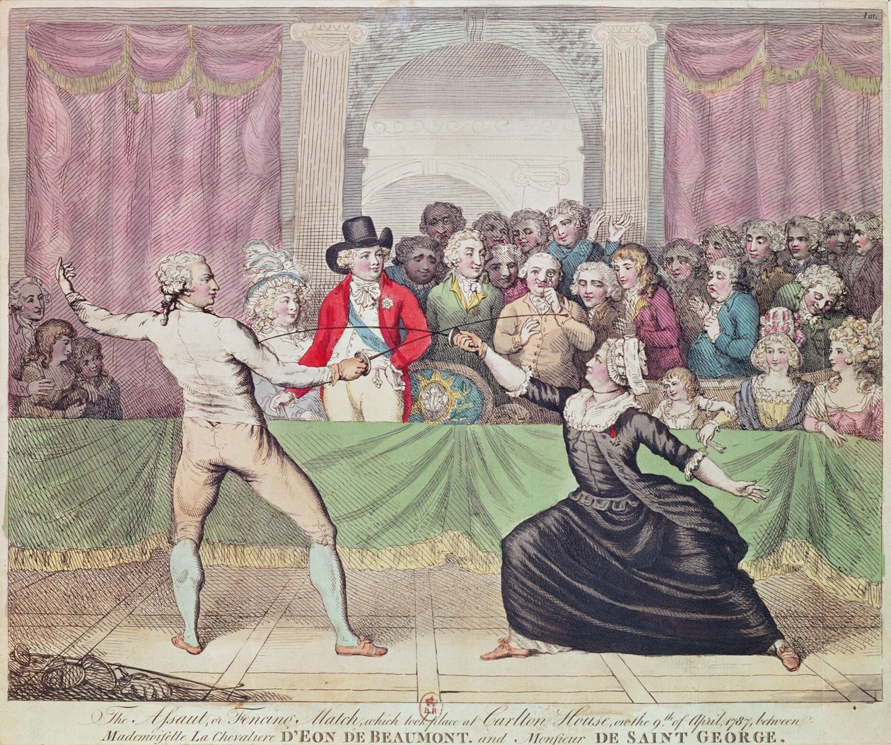 Um duelo de esgrima em Carlton House na presença do Príncipe Regente entre o Chevalier d&39;Eon, vestido de mulher, e Monsieur de Saint-Georges, 1787 de English School