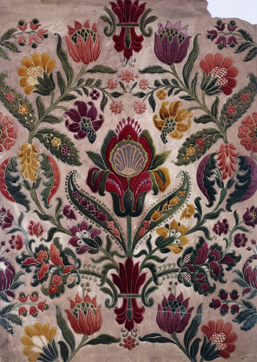 Um desenho animado colorido de tapeçaria, seda ou papel de parede, c.1830-40 de English School