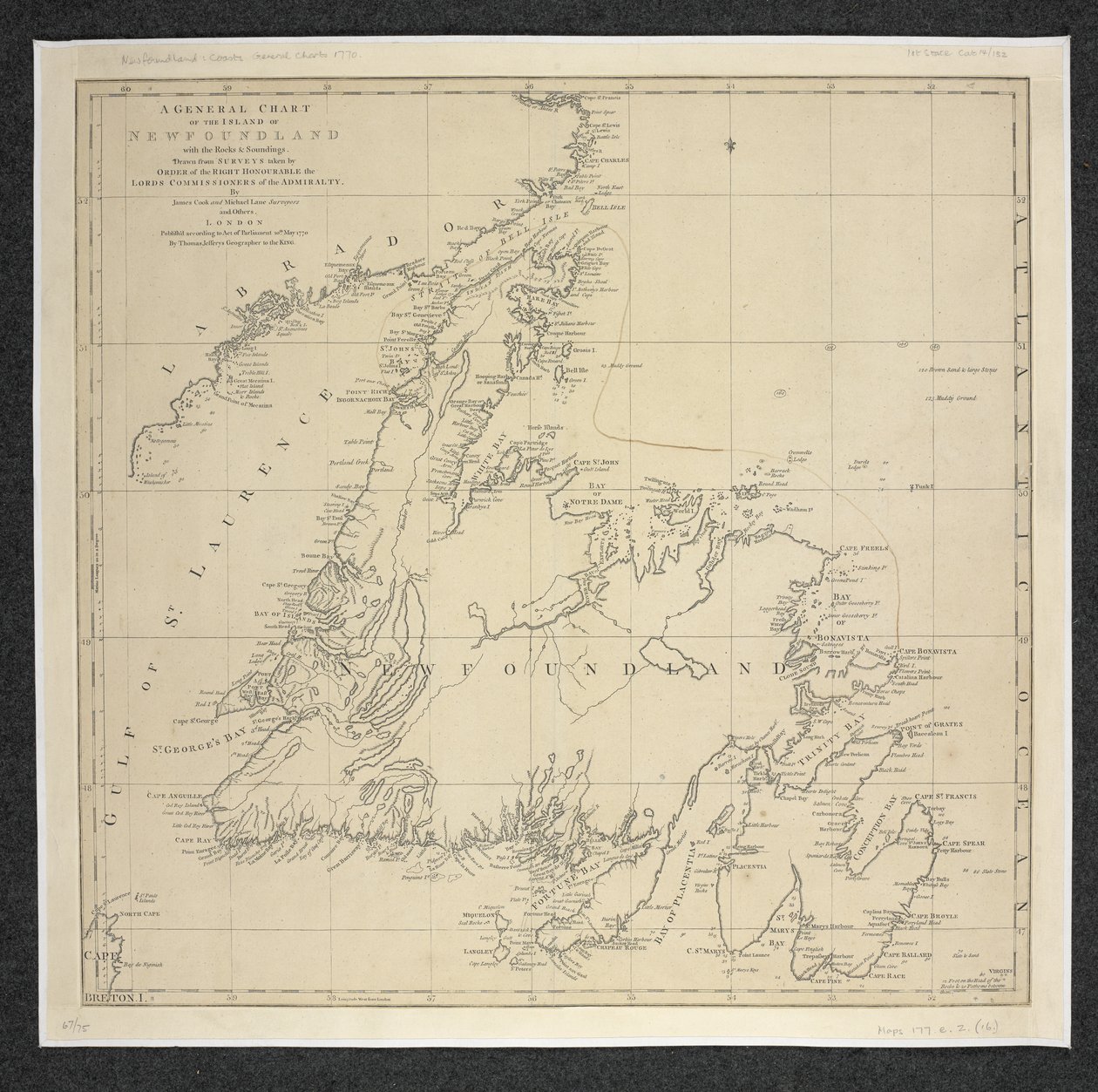 Uma Carta Geral da Ilha da Terra Nova com as Rochas & Sondagens, extraída de sondagens realizadas ... Por James Cook e Michael Lane de English School