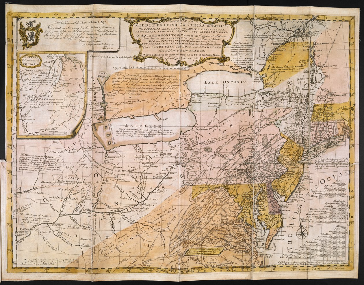 Um Mapa Geral das Colónias Britânicas Médias na América; viz. Virginia, Mariland, Delaware, Pensilvania, New-Jersey, New-York, Connecticut, e Rhode Island: de Aquanishuonîgy, o País dos Índios Confederados . . . dos lagos Erie, Ontário e Ch de English School