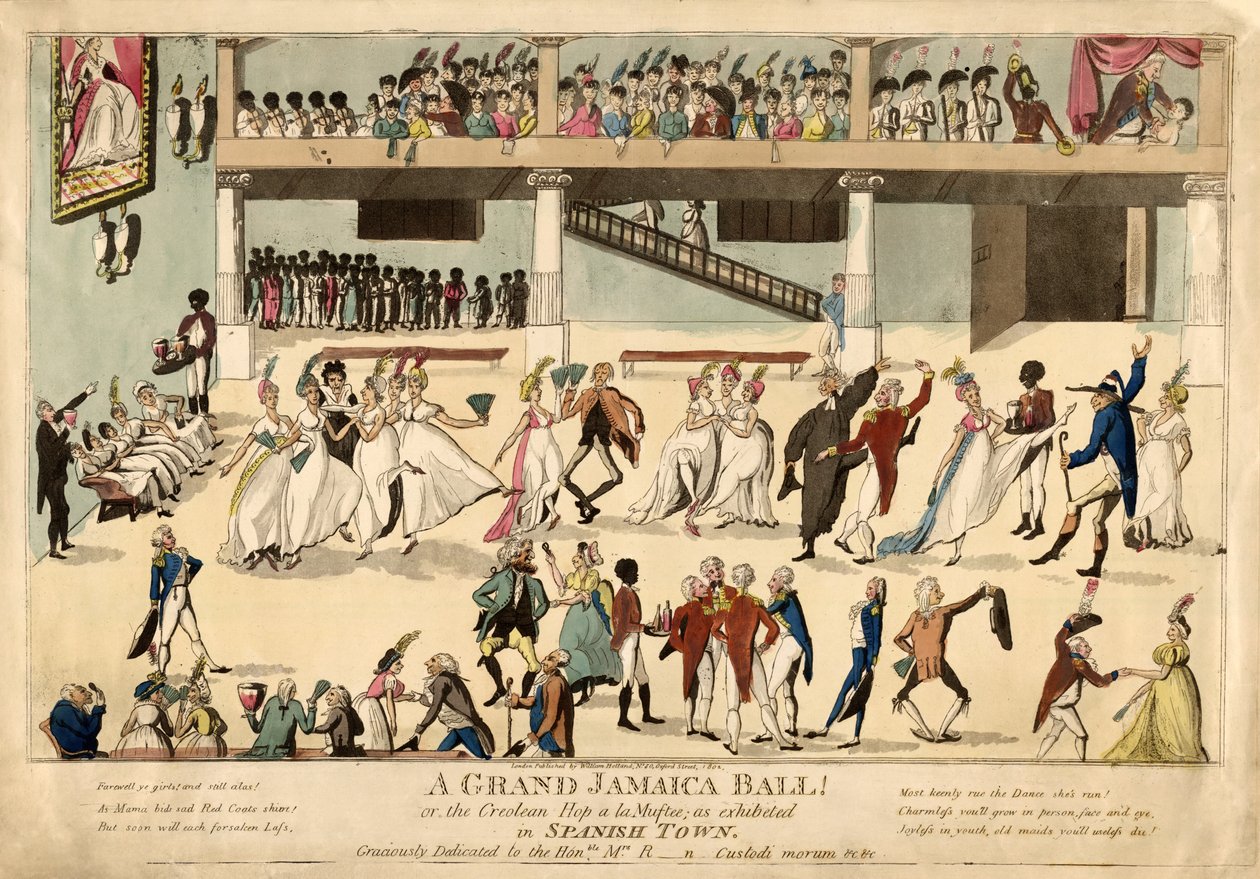 Um Grand Jamaica Ball ou o Creolean Hop a la Muftee em Sanish Town, pub. 1802 (gravura colorida à mão) de English School