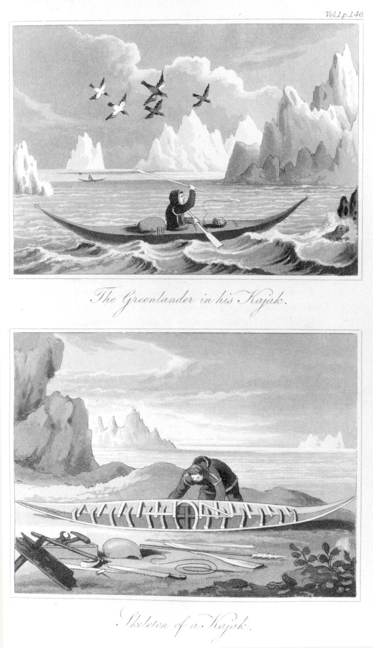 Um groenlandês e seu caiaque, da história da Groenlândia por David Crantz, 1820 de English School