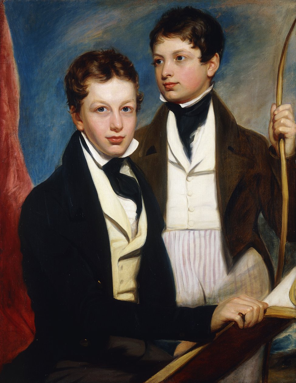 Um retrato de grupo dos Musgrave Morris Boys, um sentado a metade do comprimento em uma jaqueta escura, segurando um livro, o outro de três quartos de comprimento em uma jaqueta escura, segurando um arco, c.1830 de English School
