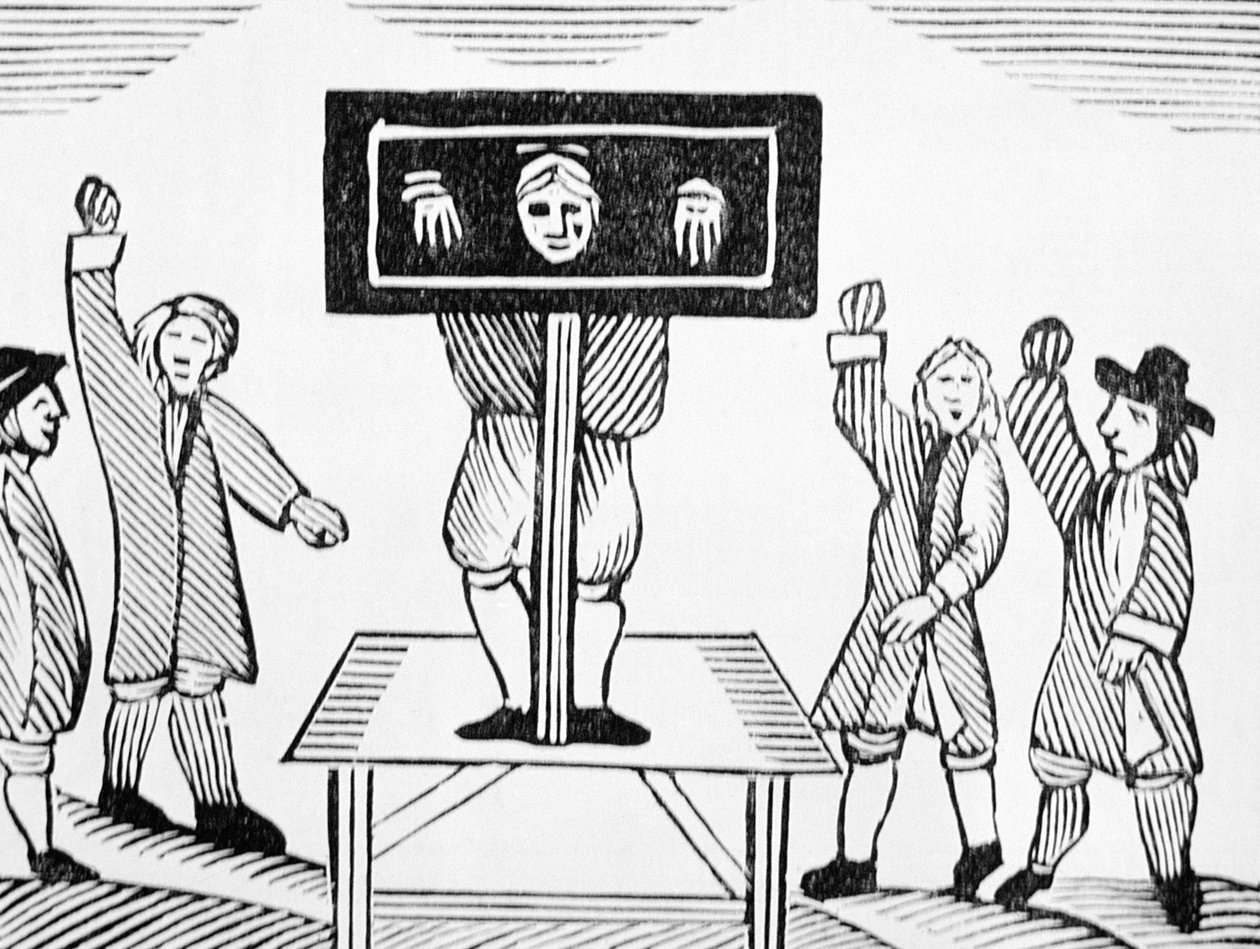 Um homem culpado no pelourinho da aldeia, cópia de uma ilustração do século XVI, de uma coleção de chapbooks sobre esoterica de English School