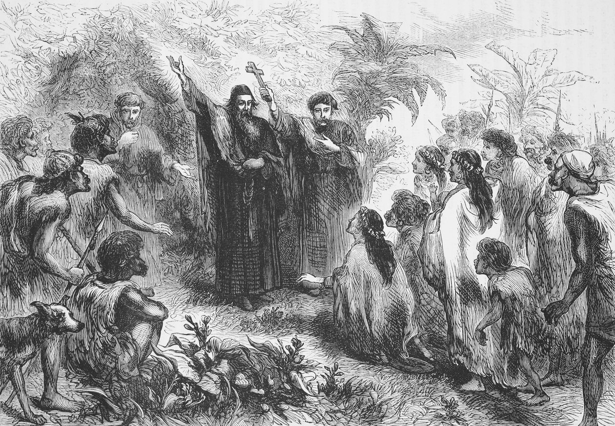 Um missionário jesuíta pregando a uma tribo de índios, ilustração da História do Protestantismo por James Aitken Wylie (1808-1890), pub. 1878 de English School