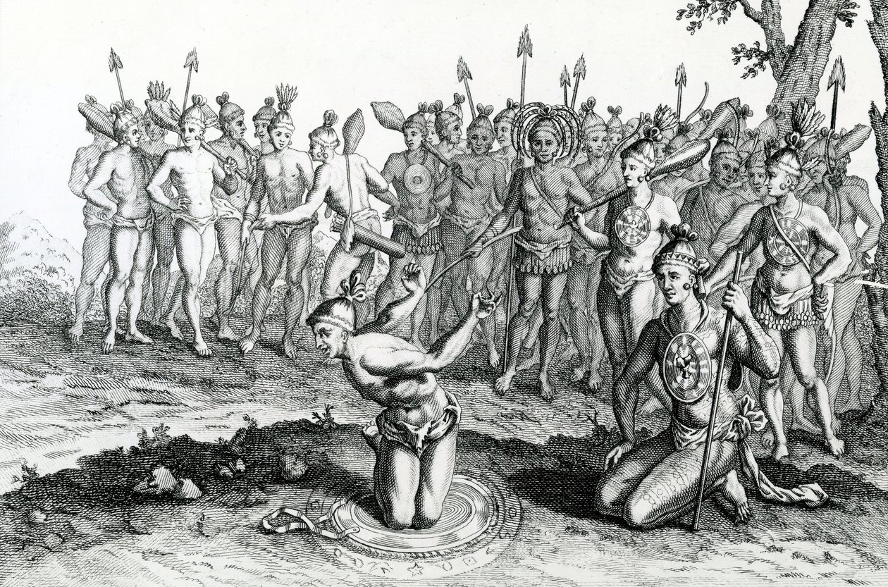 Um rei da Flórida consultando seu mago antes de ir para Battle, ilustração tirada de Moores Voyages and Travels, 1778 de English School