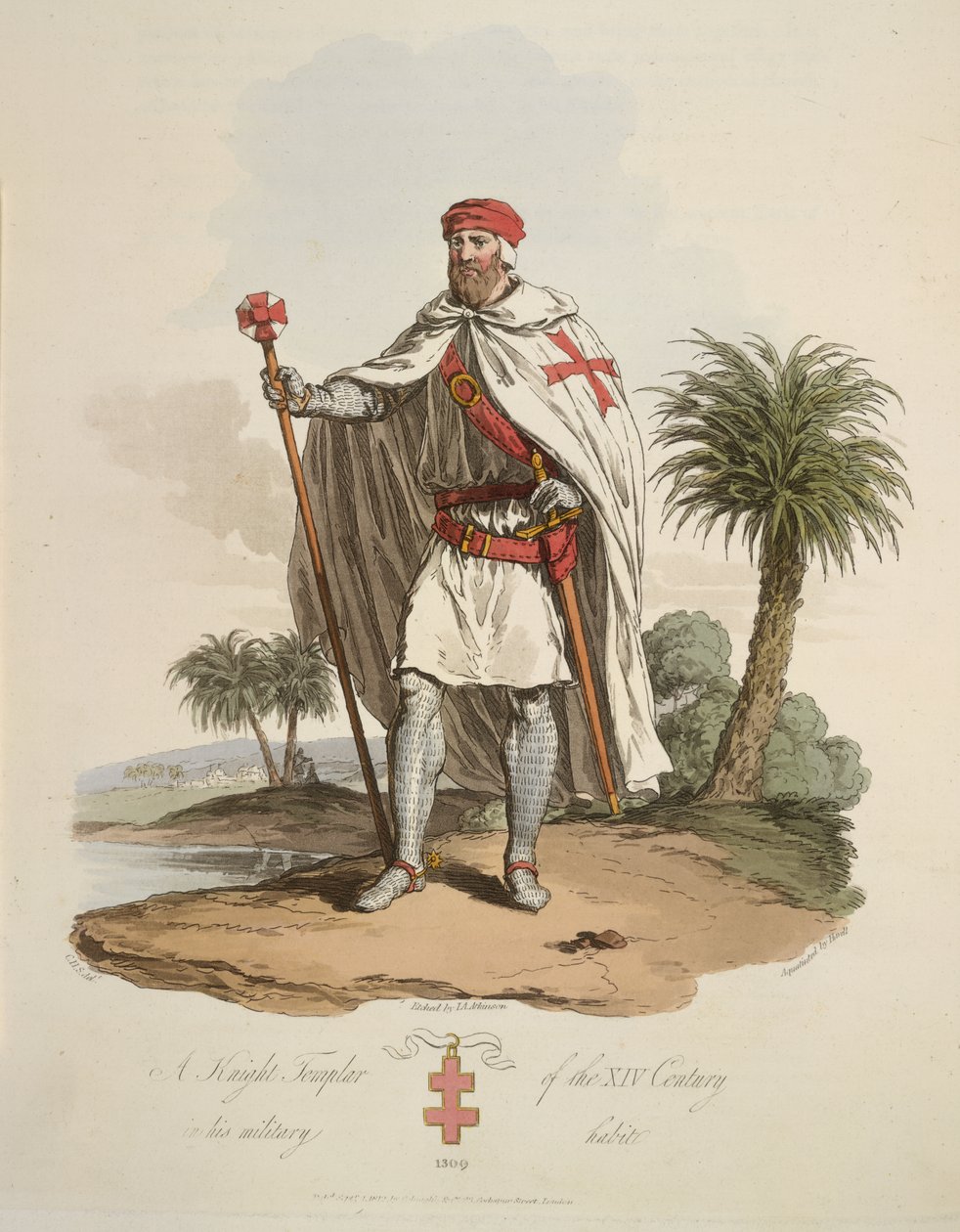 Um cavaleiro templário, ilustração do "Traje dos habitantes originais das ilhas britânicas desde os primeiros períodos até ao século VI, ao qual se acrescenta o das nações góticas das costas ocidentais do Báltico, os antepassados dos anglo-saxões de English School