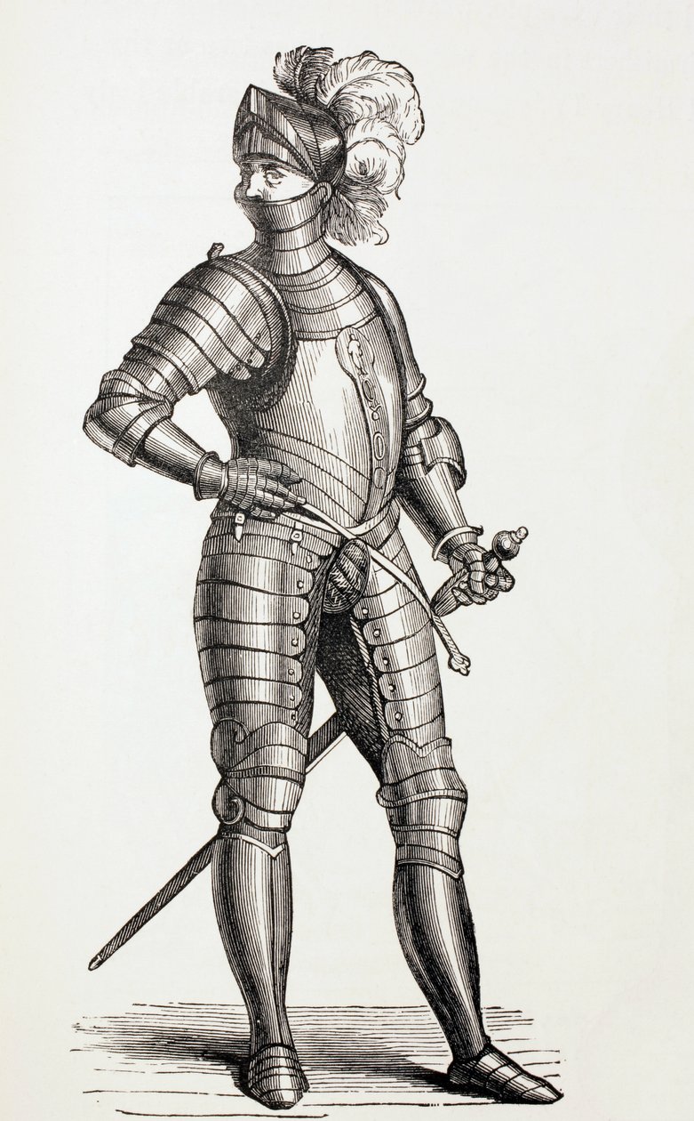 Um cavaleiro de armadura completa no século XV, c.1880 de English School