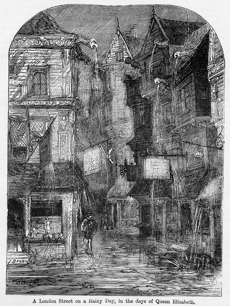 A London Street em um dia chuvoso, nos dias da rainha Elizabeth, ilustração de "Cassell Ilustrado História da Inglaterra", de John Cassell, publicado em 1857 de English School