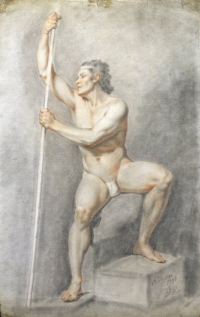 Um macho nu segurando uma equipe, c.1770 (giz colorido sobre papel) de English School