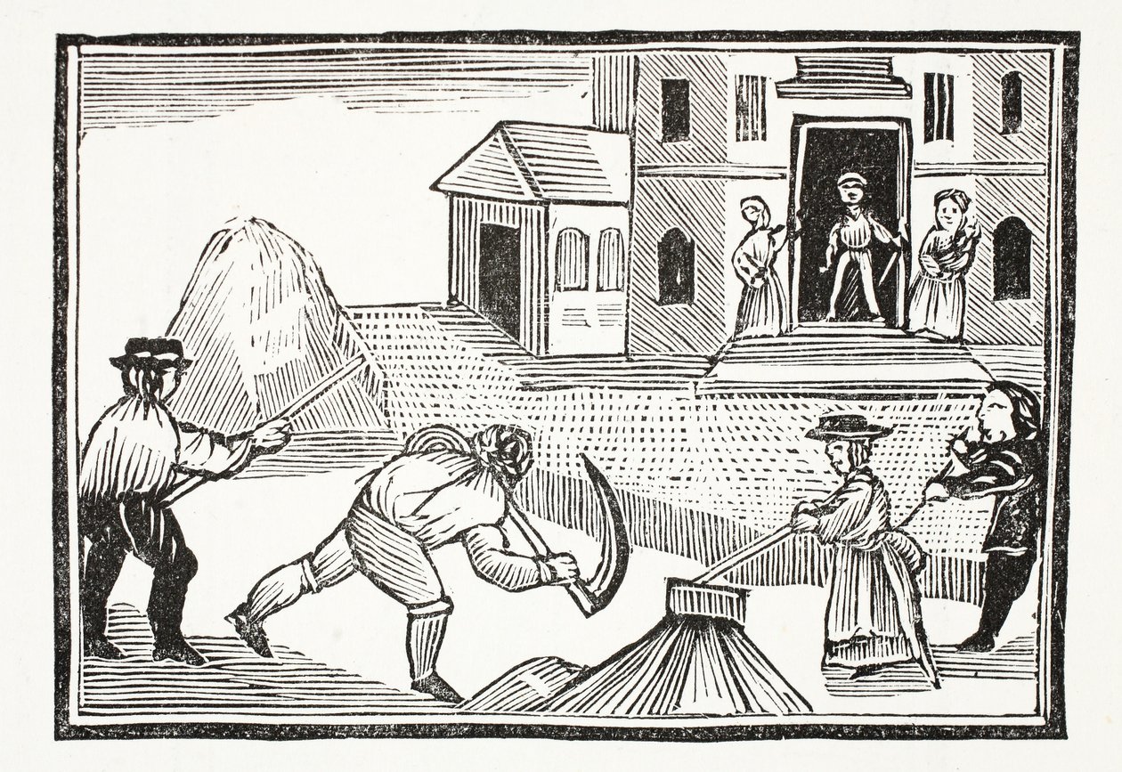 Um homem que sega da grama com um Scyth, que tomou tudo antes dele, ilustração dos Chap-livros do século XVIII por John Ashton, bar. 1882 de English School