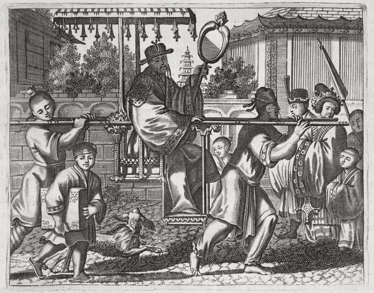Um mandarim em uma cadeira de Sedan, ilustração de uma descrição de embaixadas para a China, 1690 de English School