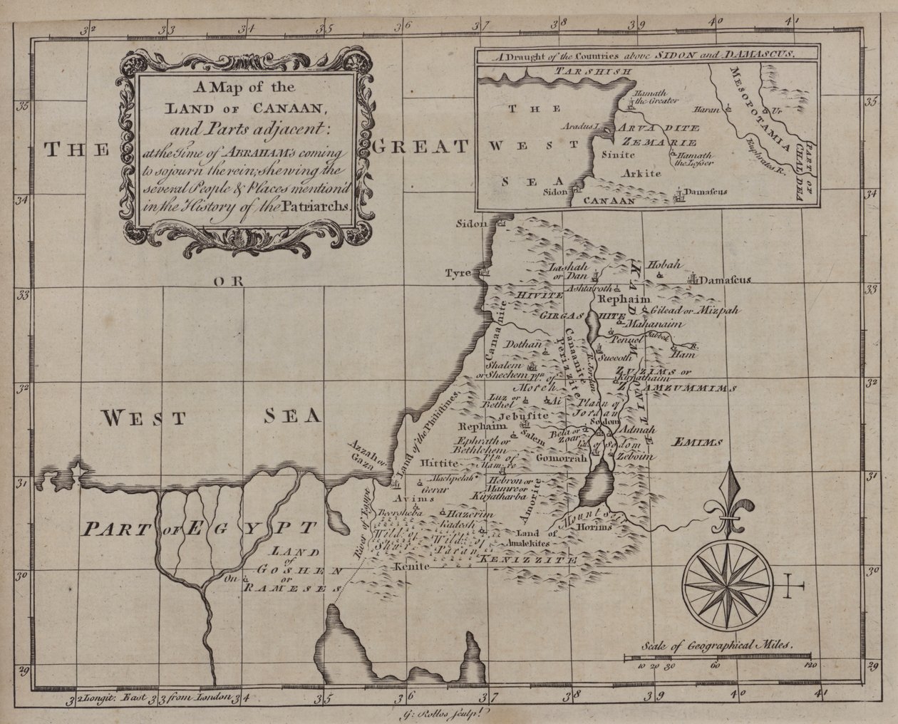 Mapa da Terra de Canaã, e partes adjacentes, no tempo em que Abraão veio habitar a terra, mostrando os vários povos e lugares mencionados na História dos Patriarcas (gravura) de English School