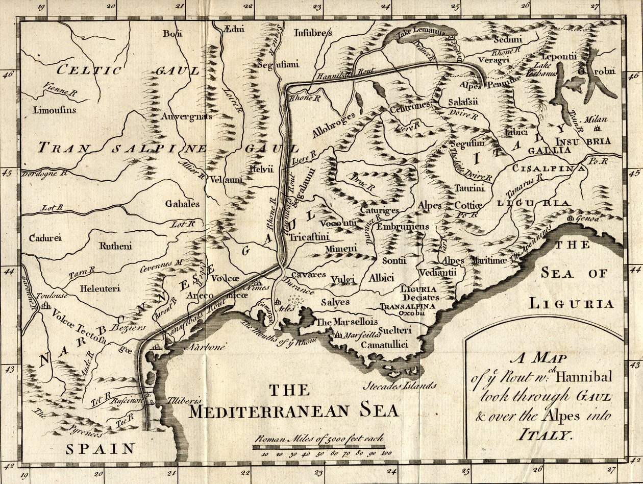 Um Mapa da Rota Aníbal atravessou a Gália e os Alpes para a Itália de English School