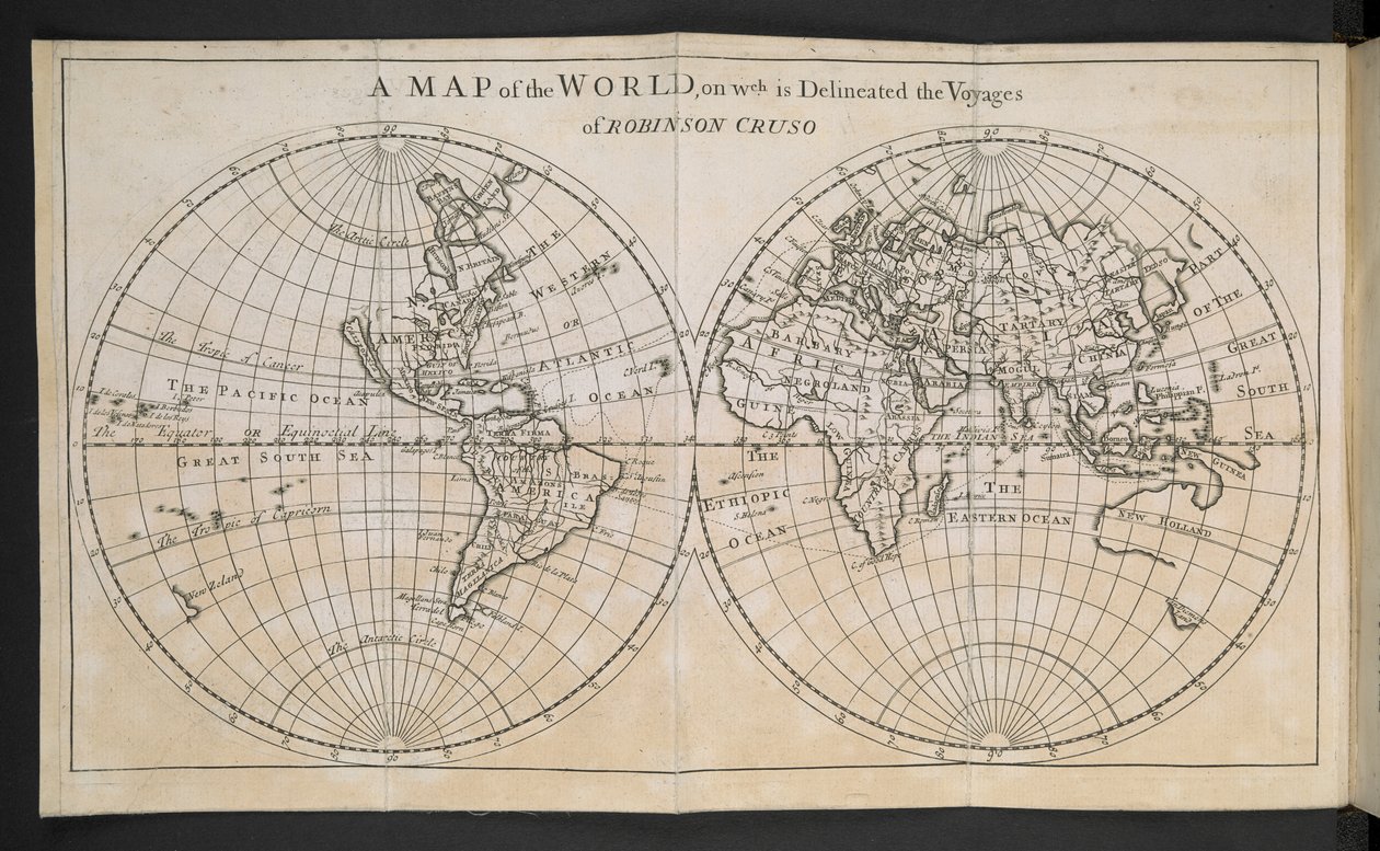 Um mapa do mundo, no qual são delineadas as viagens de Robinson Crusoe de English School