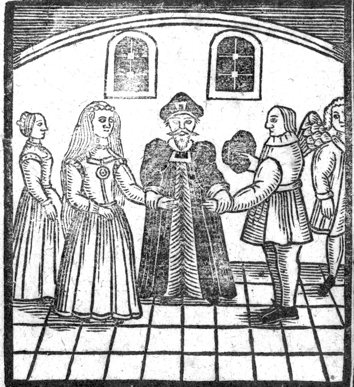 Uma cerimônia de casamento, uma ilustração de um livro de baladas de Roxburghe de English School