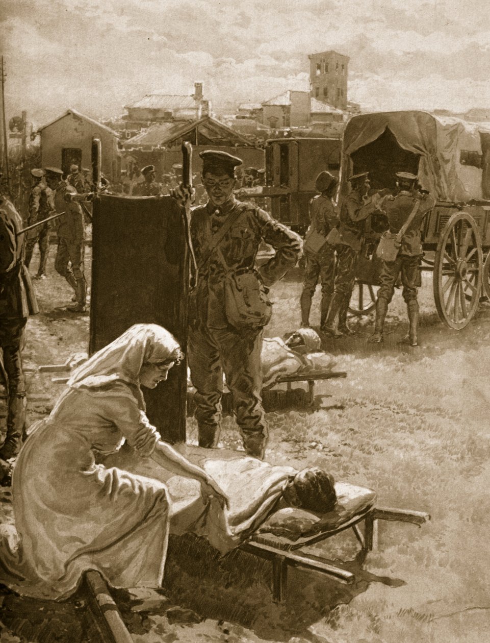 Uma Estação Médica Lidando com Soldados Feridos, 1914-19 de English School