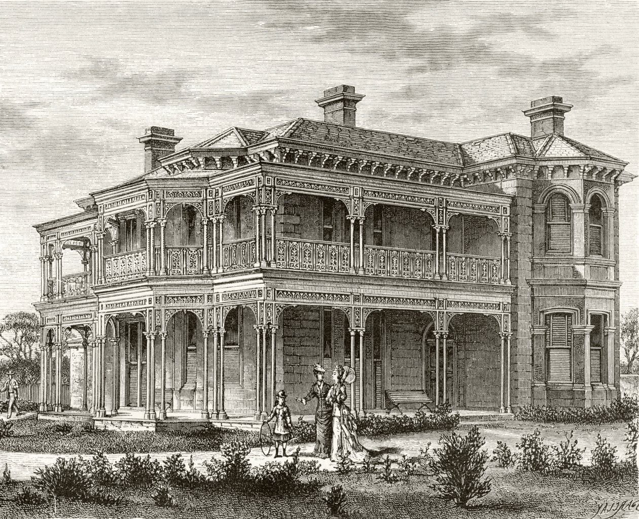Casa suburbana de Melbourne, c.1880, de &39;Australian Pictures&39;, de Howard Willoughby, publicada pela Religious Tract Society, Londres, 1886 de English School