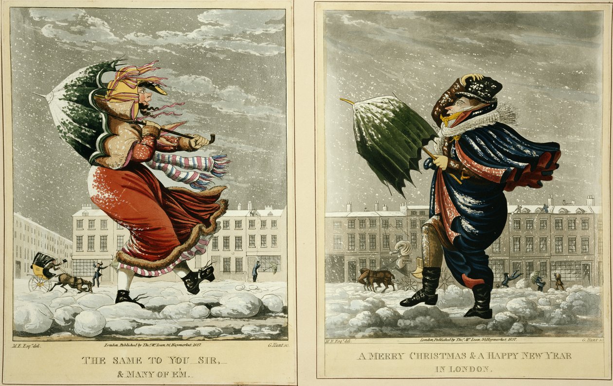 Um feliz Natal e um feliz ano novo em Londres: E o mesmo para você, senhor e muitos de Em, gravado por G. Hunt, 1827 de English School