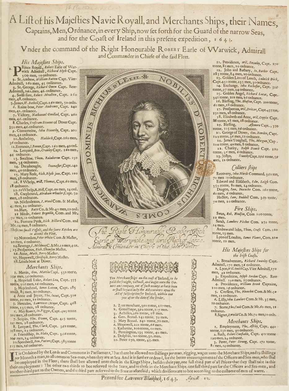 Uma Lista de Navegação Naval com o Retrato do Conde de Warwick de English School