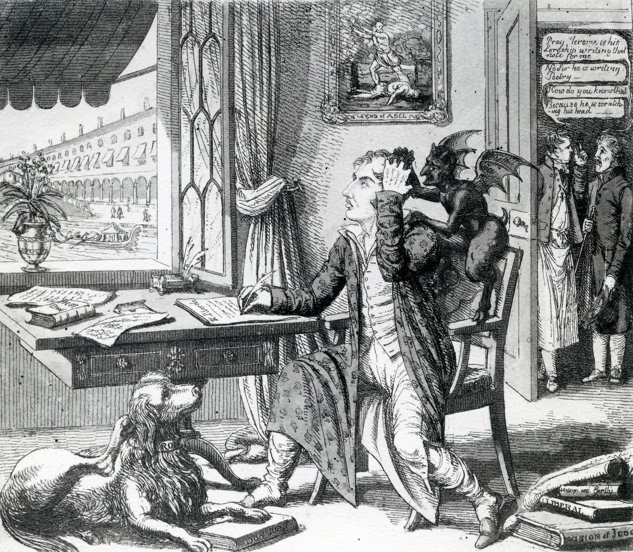 Um poeta nobre - arranhando suas idéias, publicado por J. Johnston, 1823 de English School