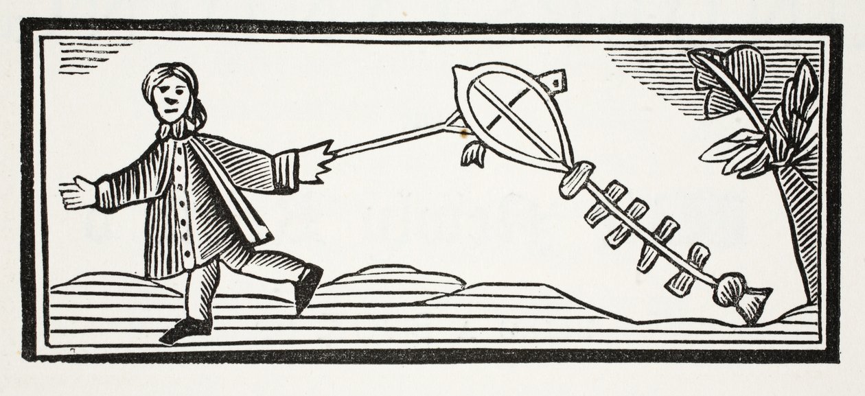 Um papagaio de papel que monta o ar elevado, ilustração dos Chap-livros do século XVIII por John Ashton, bar. 1882 de English School