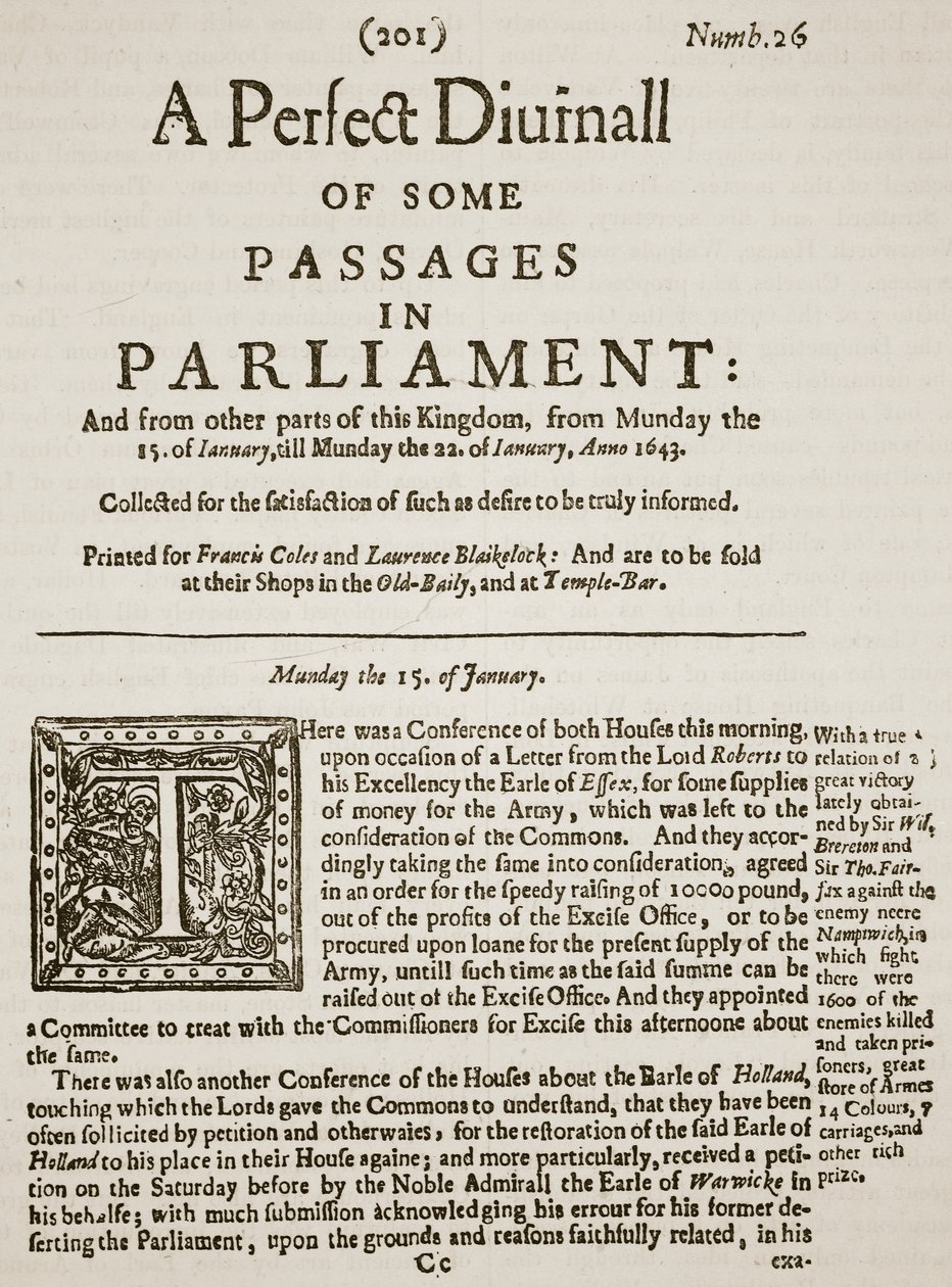 Um Perfeito Diurno, fac-símile da Primeira Página da Edição 26, 1643, ilustração da História Ilustrada de Cassells da Inglaterra (foto em sépia) de English School