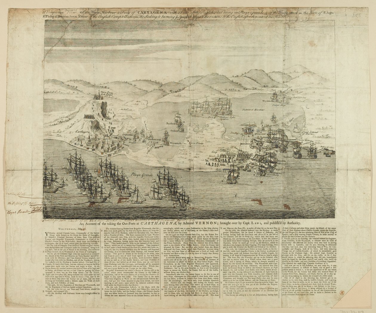 Um projecto de perspectiva da cidade, Porto e Fortes de Carthagena em 1739, publicado em 1741 (linha de gravura) de English School
