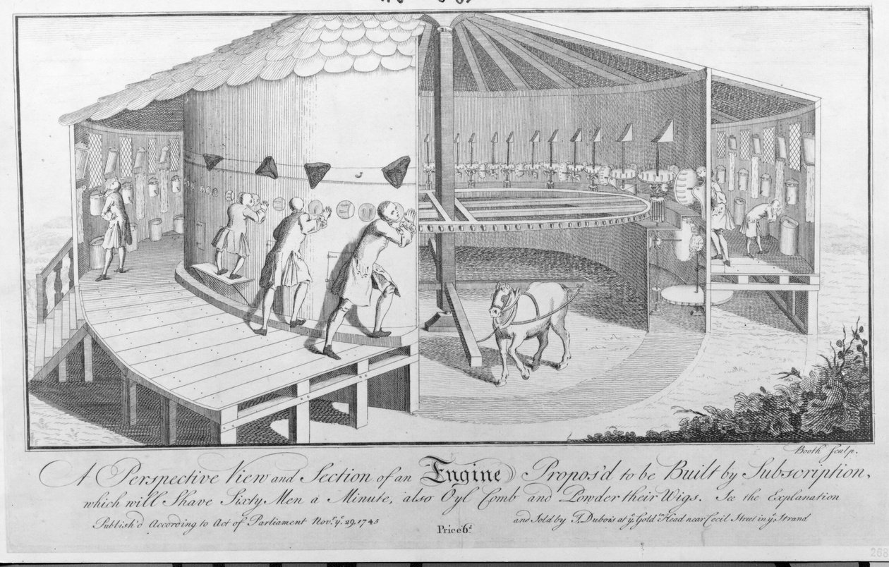 Uma visão em perspectiva e seção de uma proposta de motor a ser construída por assinatura, que raspará sessenta homens por minuto, também Oyl comb e Powder suas perucas, publicado por J. Dubois, 1745 de English School