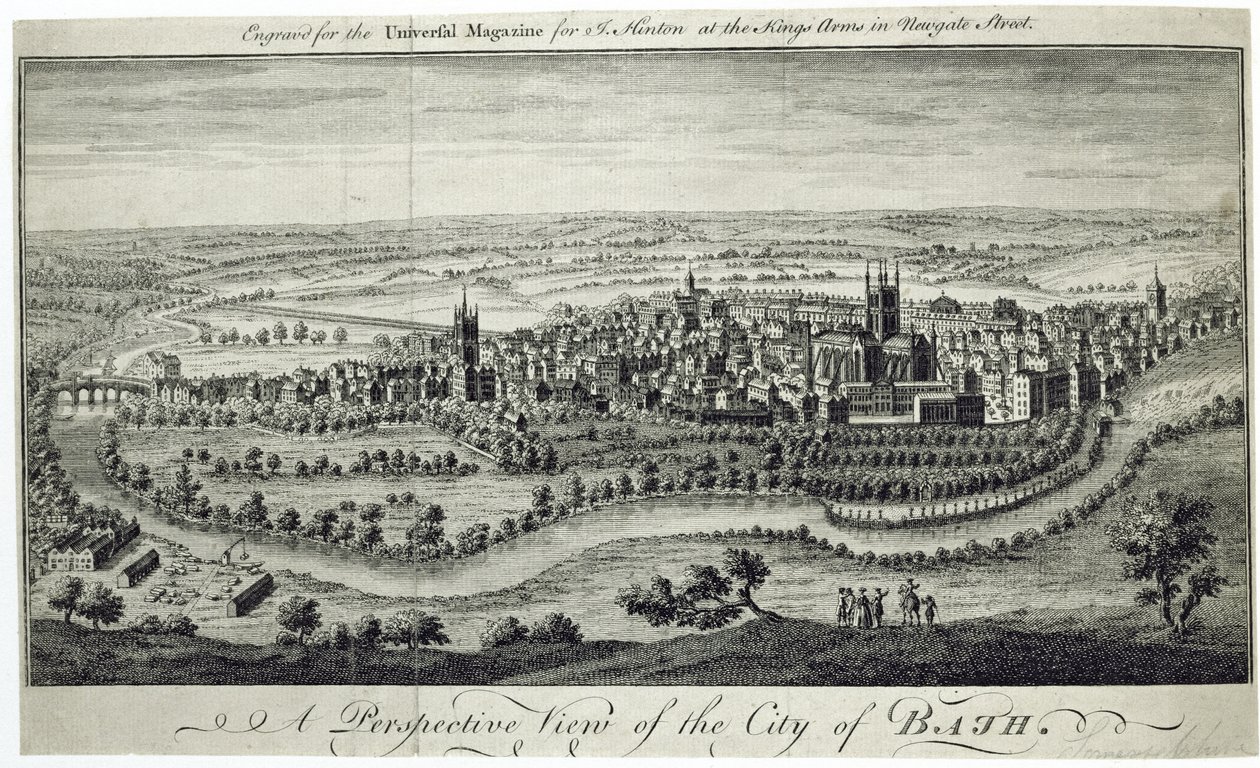 Uma vista em perspectiva da cidade de Bath, gravada para a revista Universal, c.1750 de English School