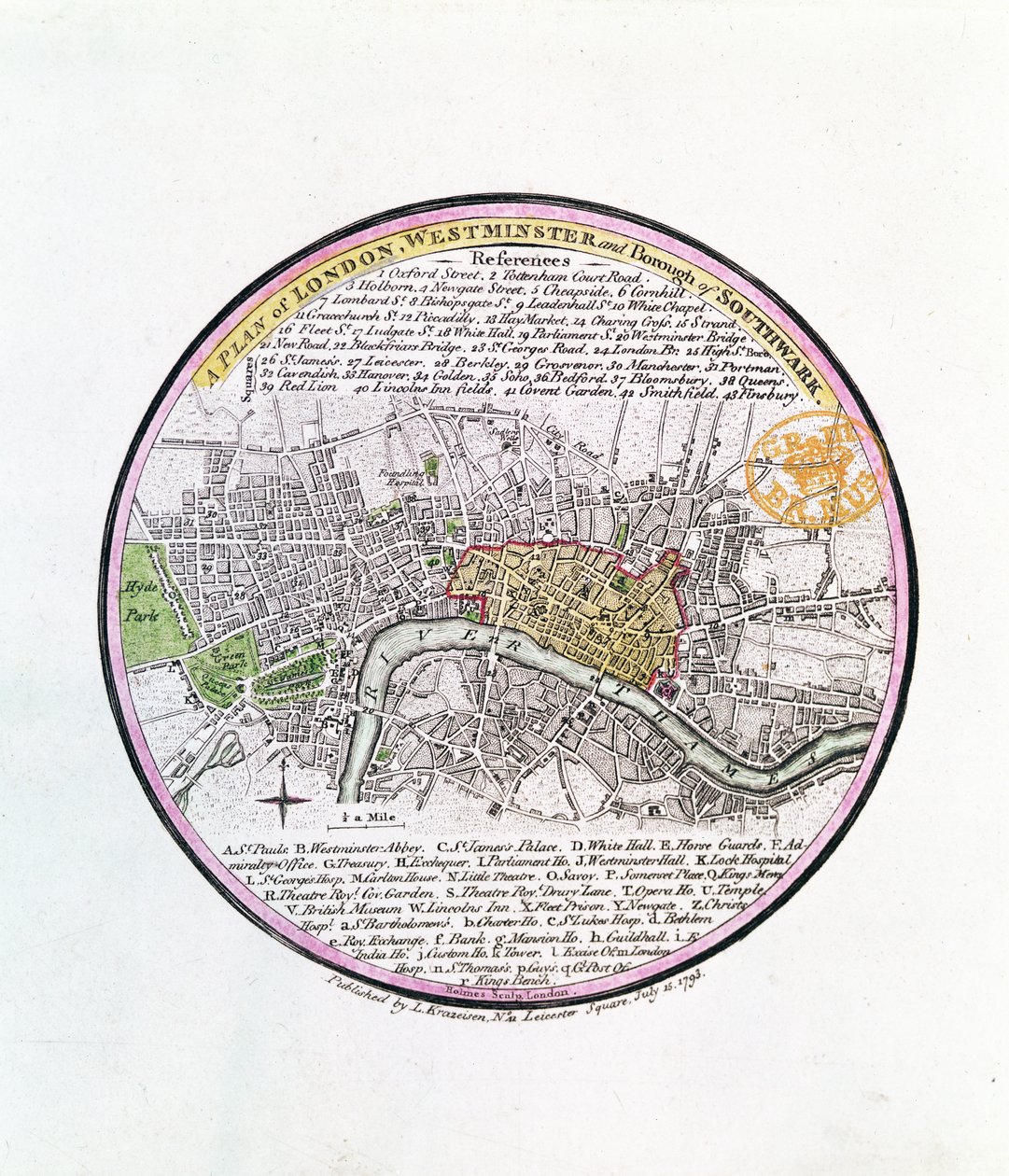 Um plano de Londres, Westminster e Borough of Southwark, 1793 (gravura colorida à mão) de English School