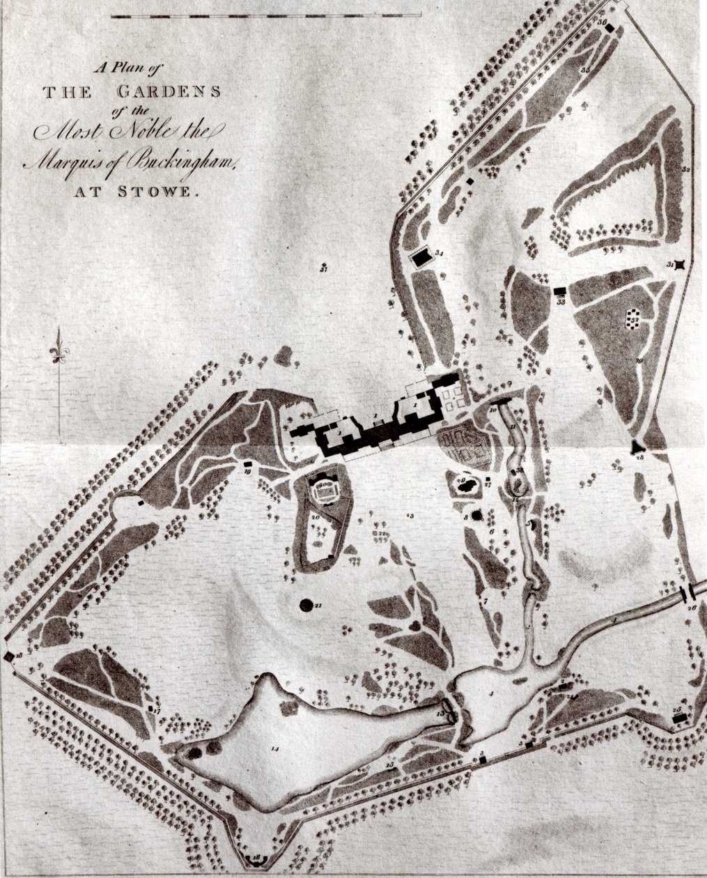 Um Plano dos Jardins do Marquês Mais Nobre de Buckingham em Stowe, do Guia de Visitantes, publicado em 1797 (ver 140582 para o plano anterior de Charles Bridgeman) de English School