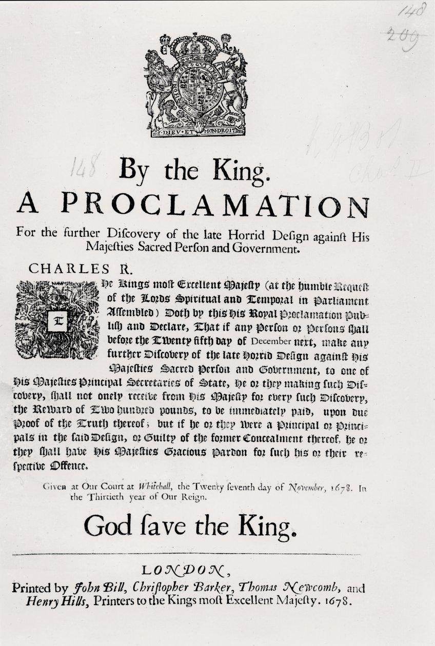 Uma Proclamação do Rei, para a Descoberta Adicional do Projeto Horripilante Contra Sua Majestade Pessoas e Governo Sagrados, 27 de novembro de 1678 de English School